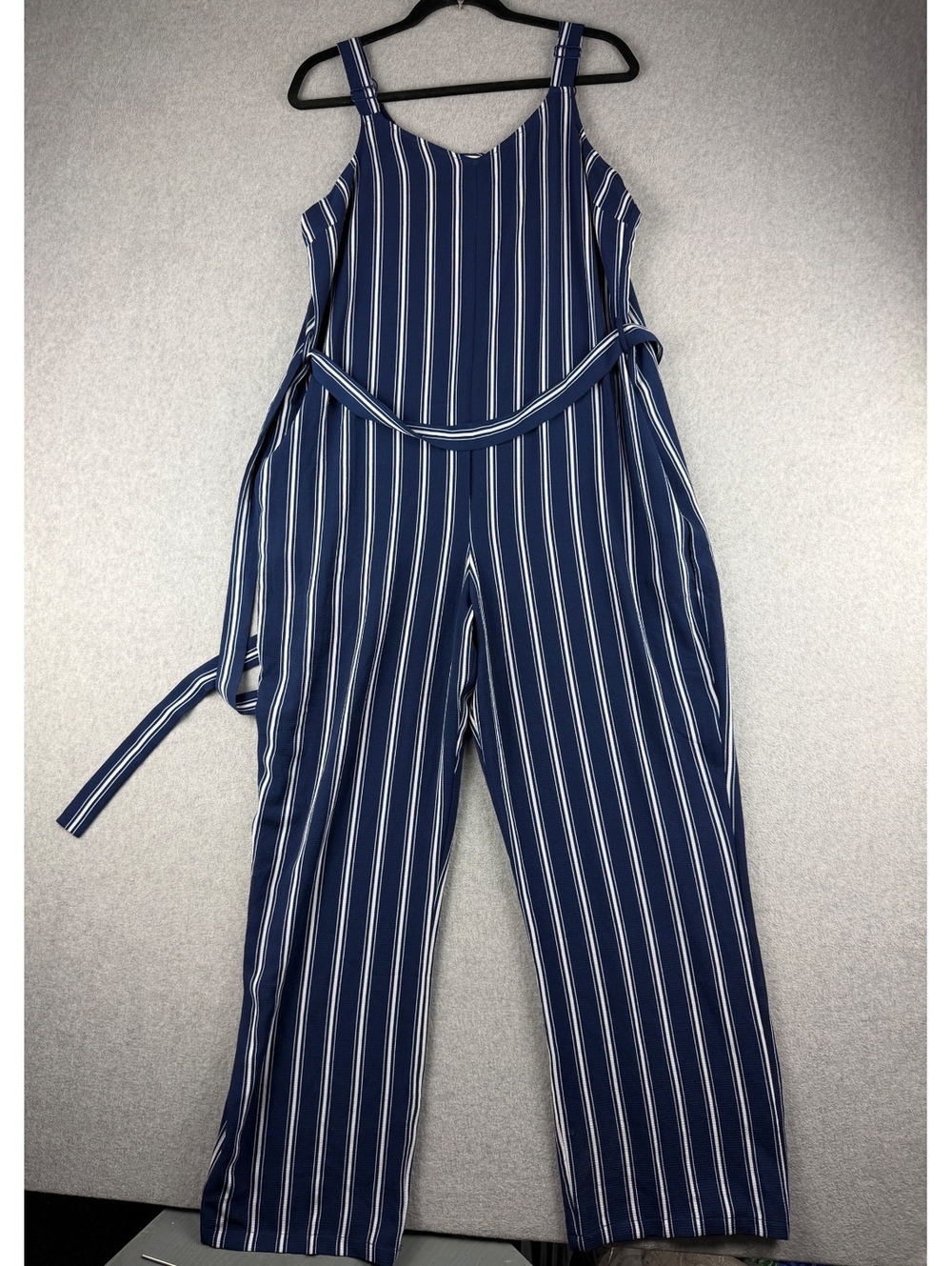 NWT Krazy Kat XL Navy White Stripe Wide Leg Jumpsuit Tie Waist